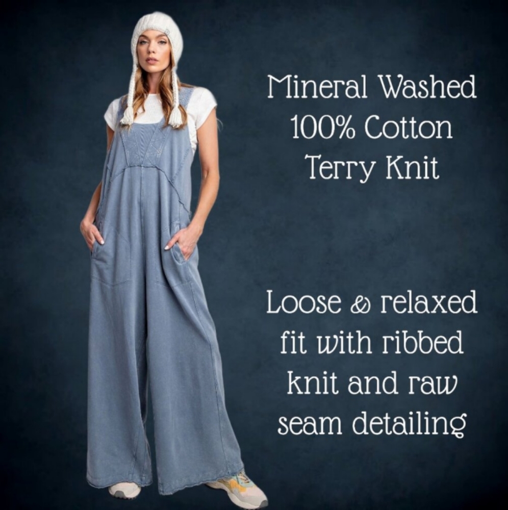 EASEL "Magical Muse" Mineral Washed Terry Knit Wide Leg Loose Fit Jumpsuit Blue